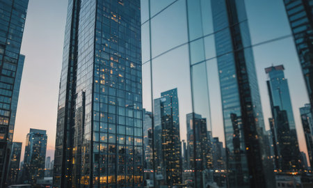 Reflection of skyscrapers in a glass wall of modern office buildingの素材