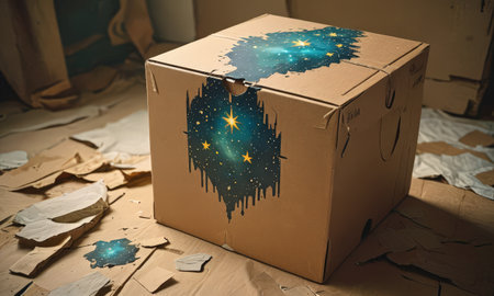 Cardboard box with stars and galaxy on it. 3D renderingの素材