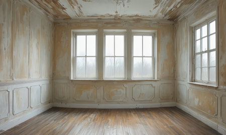 interior of empty room with white walls, wooden floor and windowの素材