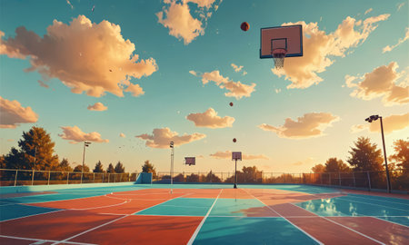 Basketball court and sky with clouds at sunset. 3d renderingの素材