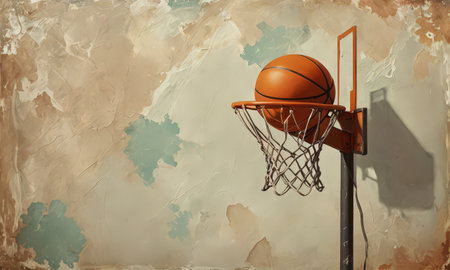 Basketball hoop and ball on a grunge background with copy spaceの素材
