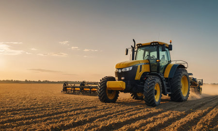 Tractor with seeder working on a large field at sunset.の素材