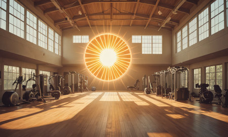 Interior of a fitness hall with a circular light in the centerの素材