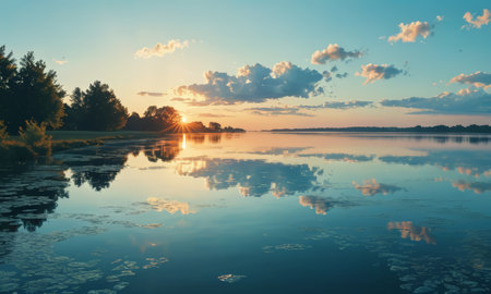 Sunset on the lake with reflection of clouds in the water.の素材