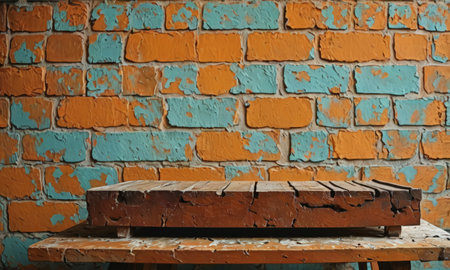 Wooden table in front of a brick wall. Vintage style.の素材