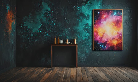 Interior of a dark room with a fireplace and a picture on the wall. 3d renderingの素材