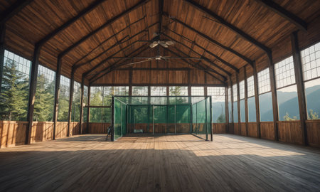 Interior of a wooden room with a large window in the backgroundの素材