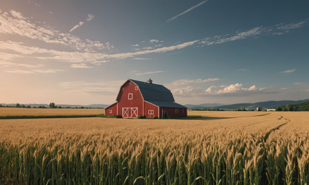Red Barn in a wheat field with blue sky in the background.の素材