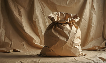 Crumpled paper bag on crumpled brown paper background.の素材