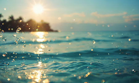 Sunset over the sea with sun rays and bokeh effectの素材