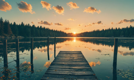 Wooden pier on the lake at sunset. Beautiful summer landscape.の素材