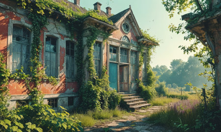 Old abandoned house in the forest with ivy and green plants.の素材