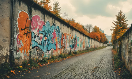 Graffiti on the wall in the autumn park. Urban landscape.の素材