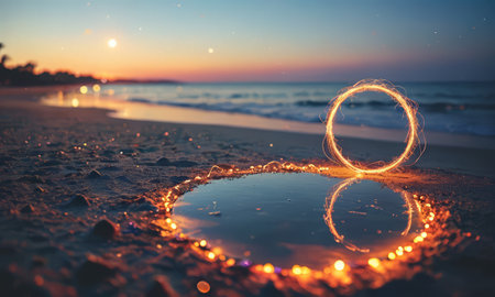 Sunset on the beach with reflection of a ring in water.の素材