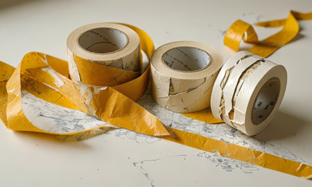 Rolls of adhesive tape on a white background with yellow ribbonsの素材