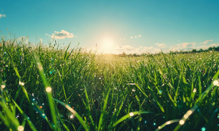 Green grass with dew drops on the background of the setting sunの素材