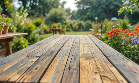 Wooden table and chair in the garden with bokeh backgroundの素材