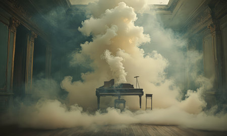 Piano and smoke in the interior of an old palace. 3d renderingの素材