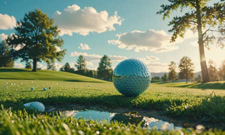 Golf ball on green grass in golf course with blue sky.の素材