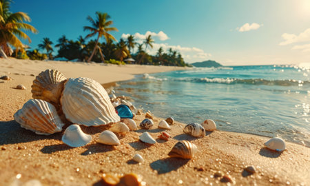 Seashells on tropical beach. Vacation and travel conceptの素材