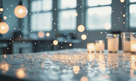 Blurred image of candle light with bokeh effect on table in kitchenの素材