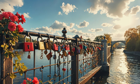 Love locks on the bridge over the Vltava river in Prague, Czech Republicの素材