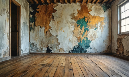 old room with wooden floor and dirty wall, 3d render illustrationの素材