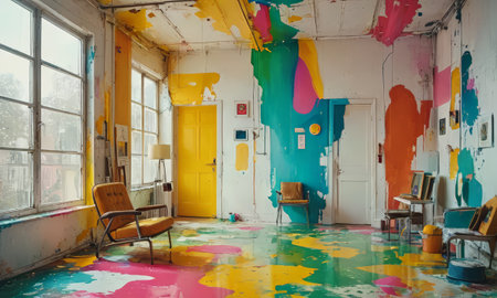 Interior of an abandoned school building with a lot of colorful paintの素材