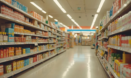Supermarket shelves with products. Blurred image of aisle in supermarketの素材
