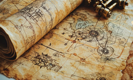 Vintage map and compass. Travel concept. Selective focus.の素材