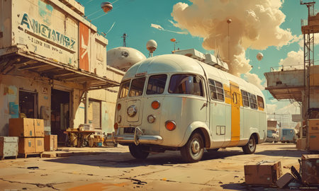 Old retro bus on the background of the old factory. Toned.の素材