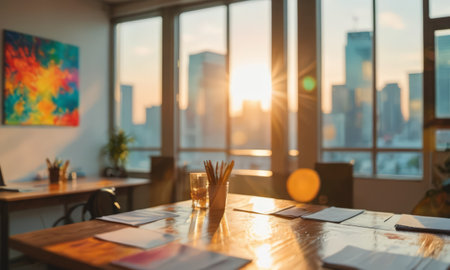 Close up of wooden table and chairs in modern office with city viewの素材