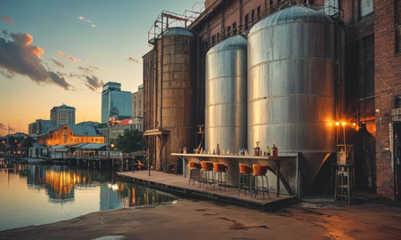 Boston, Massachusetts, USA downtown skyline at dusk with silos.の素材