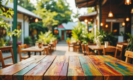 Empty wood table and Coffee shop blur background with bokeh image.の素材