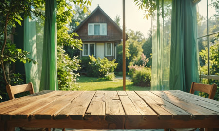 Wooden table and chair in front of a modern house in the garden.の素材
