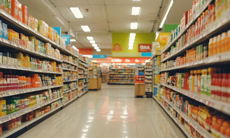 Supermarket aisle with rows of shelves with products. Blurred backgroundの素材