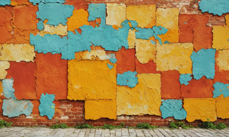 Colorful brick wall with peeling paint. Architectural background.の素材