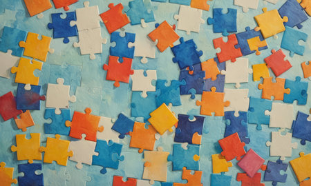 Colorful jigsaw puzzle pieces on blue background, top view.の素材