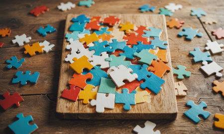 Colorful jigsaw puzzle pieces on wooden background. Teamwork conceptの素材