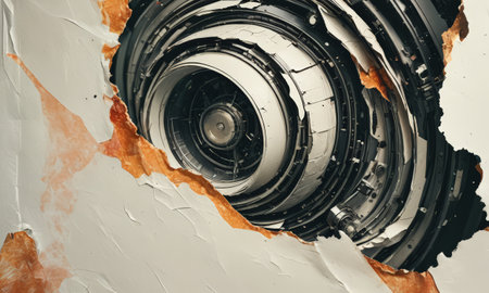 Torn paper with a hole in the middle of a spiral staircaseの素材