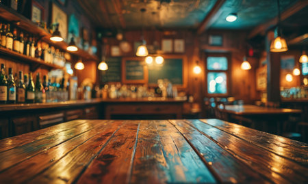 Empty wooden table and abstract blurred background of pub or bar interior.の素材