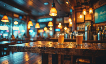 Glass of beer on wooden table in pub or restaurant. Blurred background.の素材