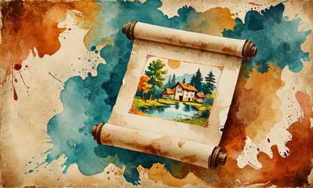 Old photo album on watercolor splashes background. Digital art paintingの素材