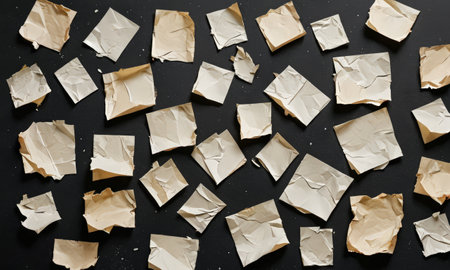 Pieces of crumpled brown paper on a black background.の素材