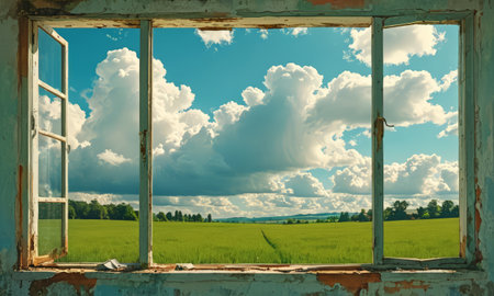 old window in the countryside on a background of blue sky with cloudsの素材