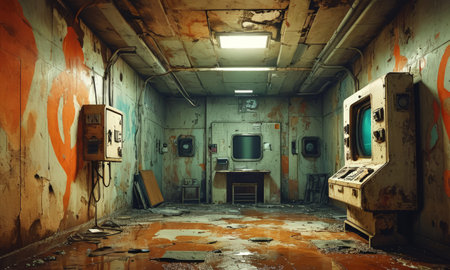 Interior of an old abandoned military building. Photo in old color image styleの素材