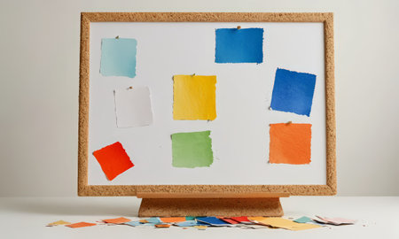 Wooden frame with colorful sticky notes on white background, close upの素材