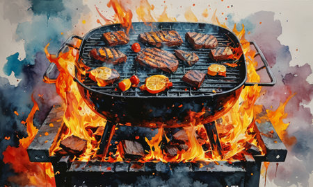 Steak on a barbecue grill with fire. Watercolor painting.の素材