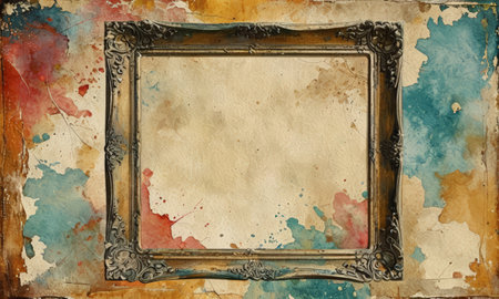 Old grunge vintage frame on the abstract watercolor background with stainsの素材
