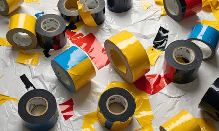Rolls of adhesive tape on crumpled paper, top viewの素材